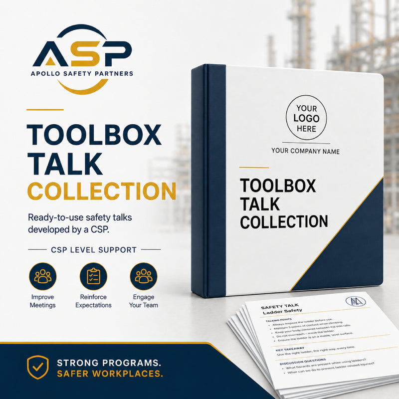 Professional toolbox talk collection developed by a Certified Safety Professional.