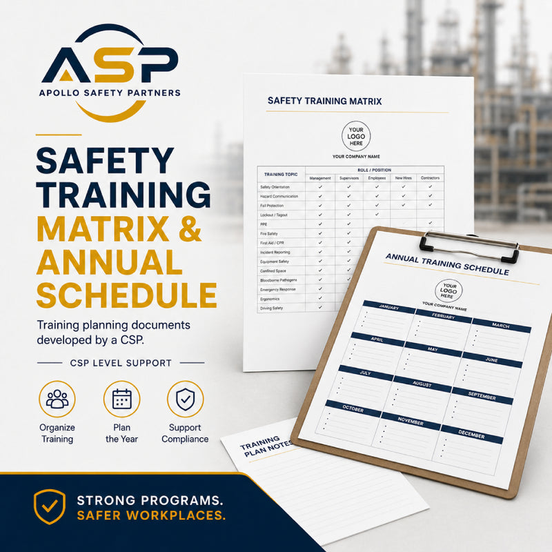 Customized safety training matrix and annual schedule prepared by Apollo Safety Partners.